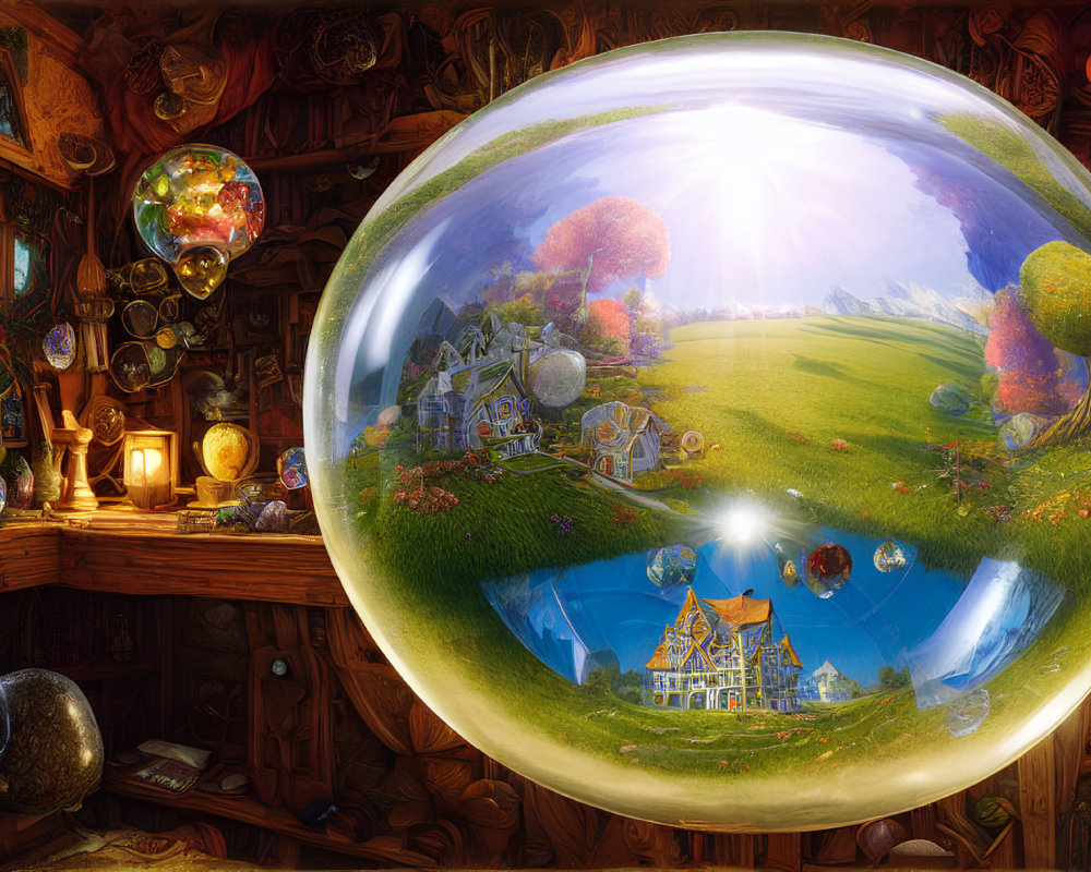 Fantasy artwork of magical room with crystal ball and whimsical landscape