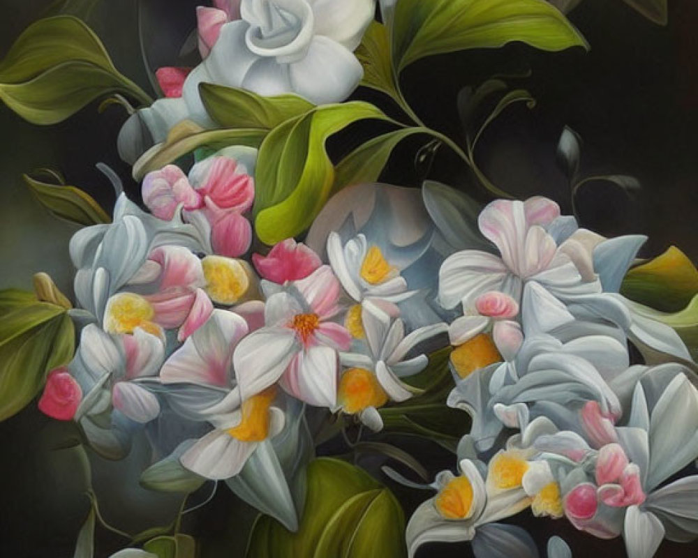 Colorful floral painting with white, pink, and blue flowers on dark backdrop