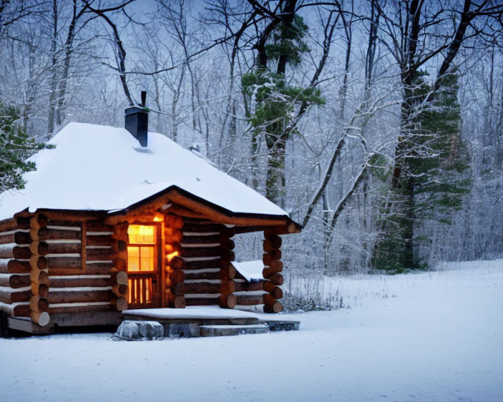 Snowy forest landscape: Cozy log cabin with glowing windows