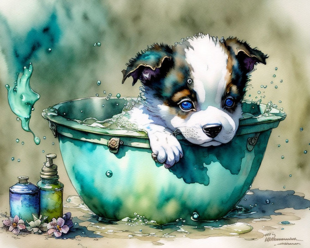 Watercolor illustration of cute puppy in green tub with bubbles and splashing water