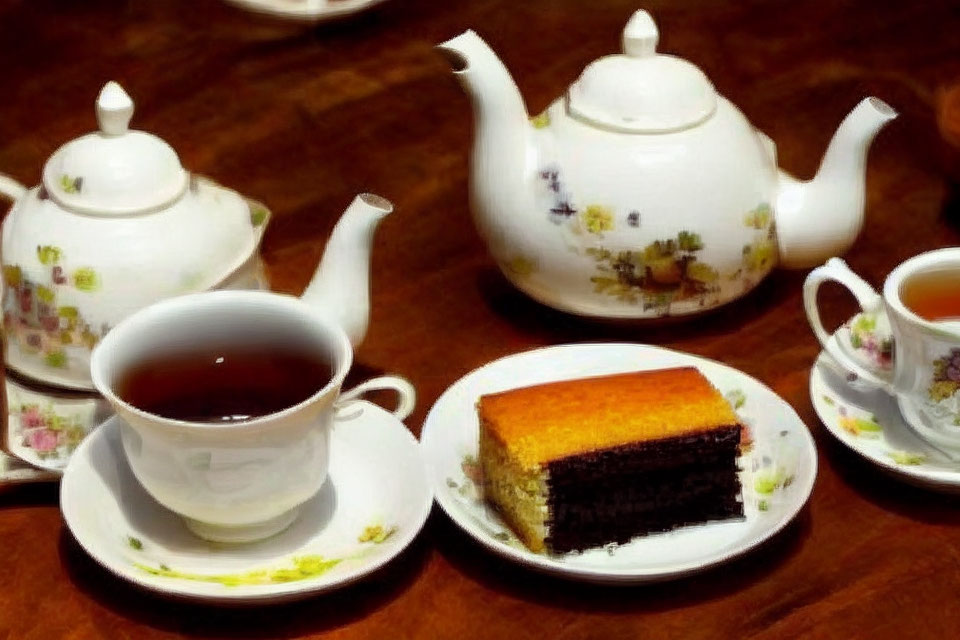 Floral Pattern Tea Set with Teapots, Cup of Tea, and Cake Slice