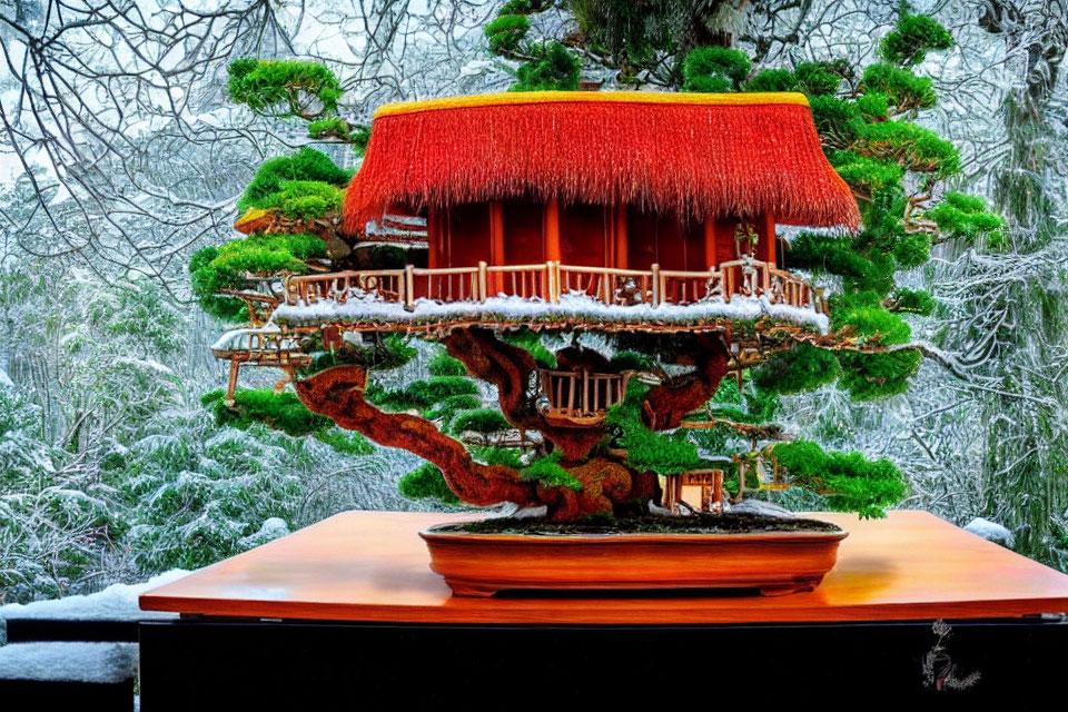 Miniature Bonsai Tree of Japanese House in Snowy Setting