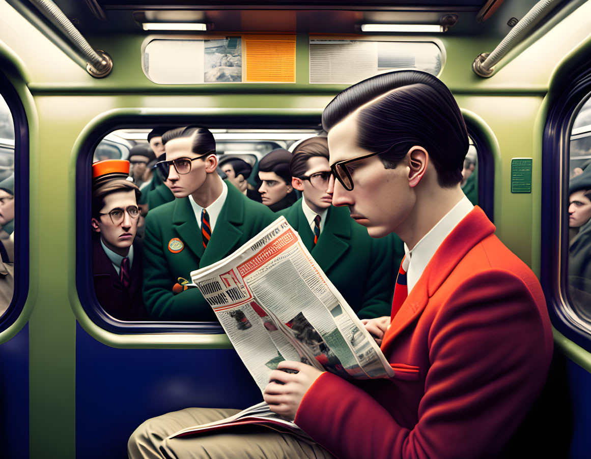 Crowded subway scene with men in green suits and one in red jacket reading newspaper