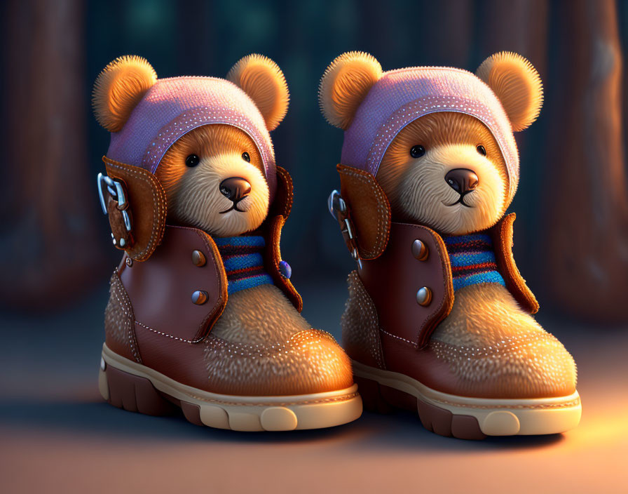 Pair of animated teddy bears in brown leather boots in forest setting