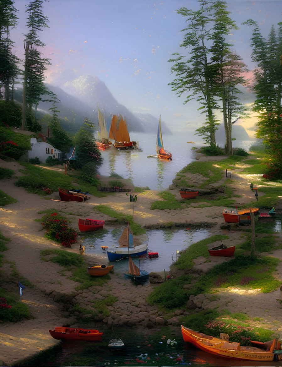 Tranquil harbor scene with boats, lush greenery, and mountains under soft glowing sky