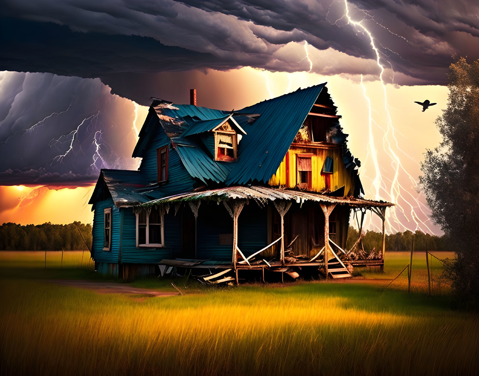 Weathered two-story house under dramatic sky with lightning and flying bird