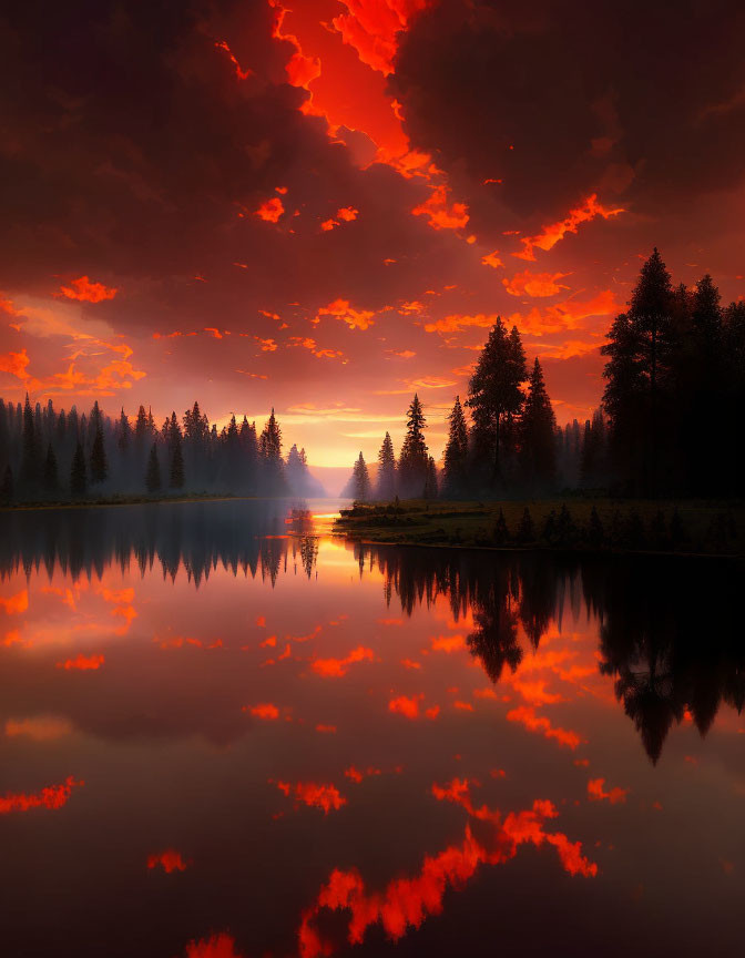 Fiery red sunset reflected in forest-lined lake