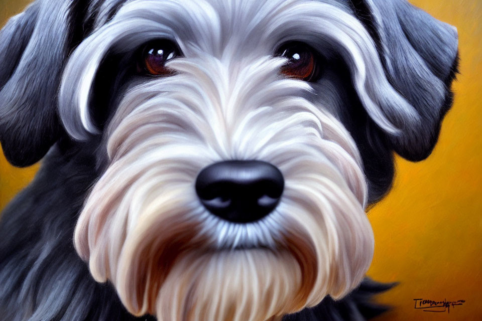 Realistic Gray and White Dog Painting with Brown Eyes and Black Nose