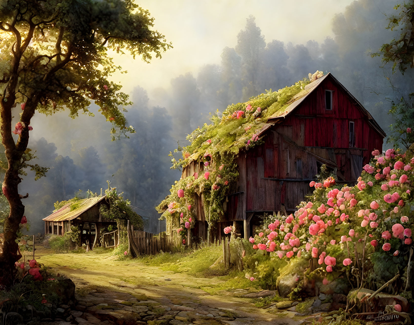 Rural landscape with sun-dappled path, flower-covered barn, and quaint wooden shack