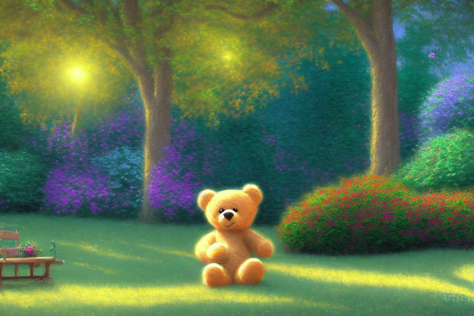 Plush teddy bear in sunlit field with flowers and garden bench