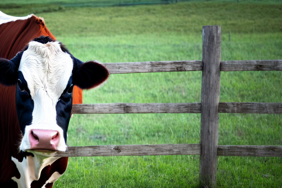 Brown and white cow peeking over wooden fence in green field