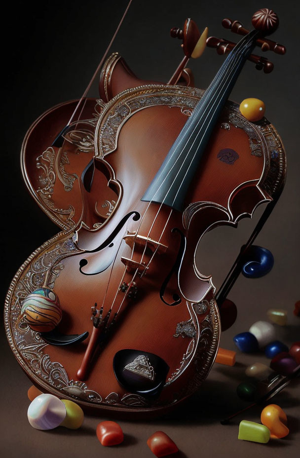 Unique Swirl Cut-Out Violin Surrounded by Colorful Candy Pieces