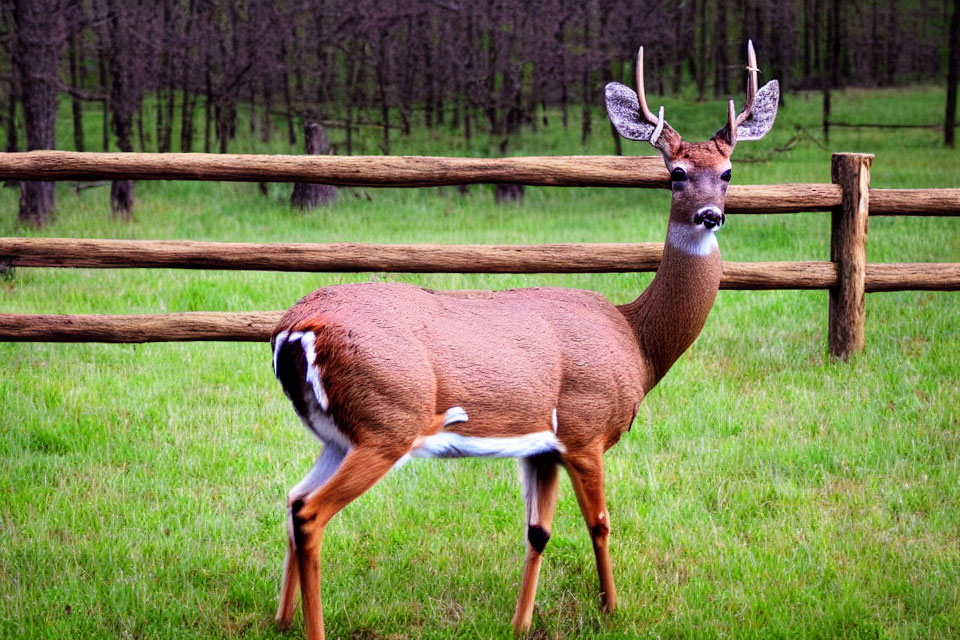 White-Tailed Deer with Antlers in Grass Field beside Wooden Fence