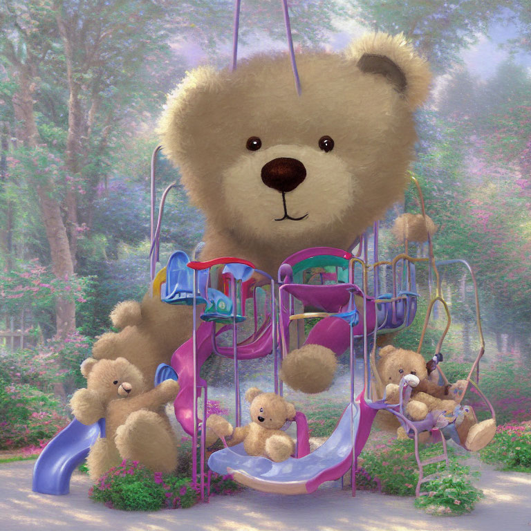 Whimsical forest playground with large teddy bear and smaller bears playing on swings and slide