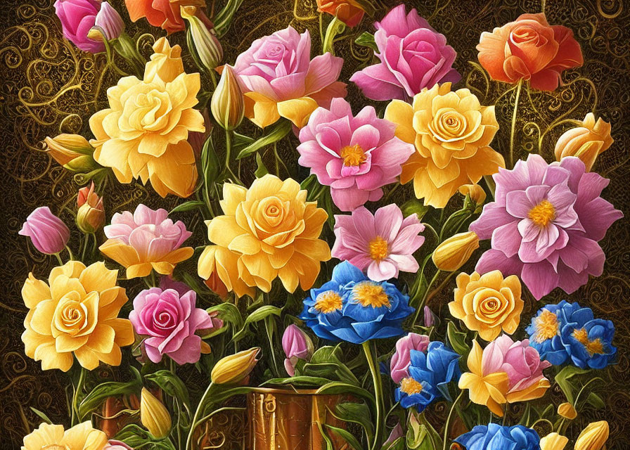 Colorful Pink, Yellow, and Blue Flowers on Ornate Golden Background