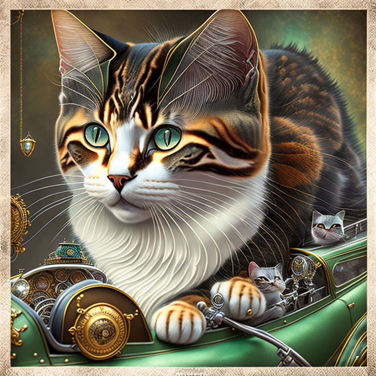 Detailed Digital Artwork: Large Cat with Green Eyes on Steampunk Vehicle