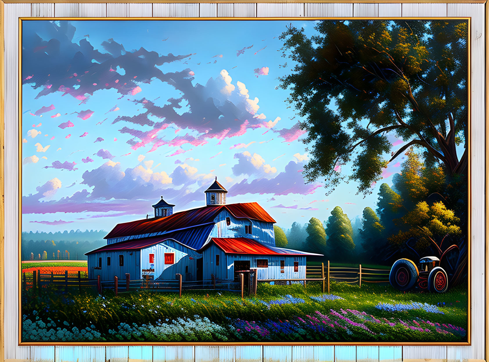Vibrant blue barn, vintage tractor, colorful flowers in picturesque farm scene