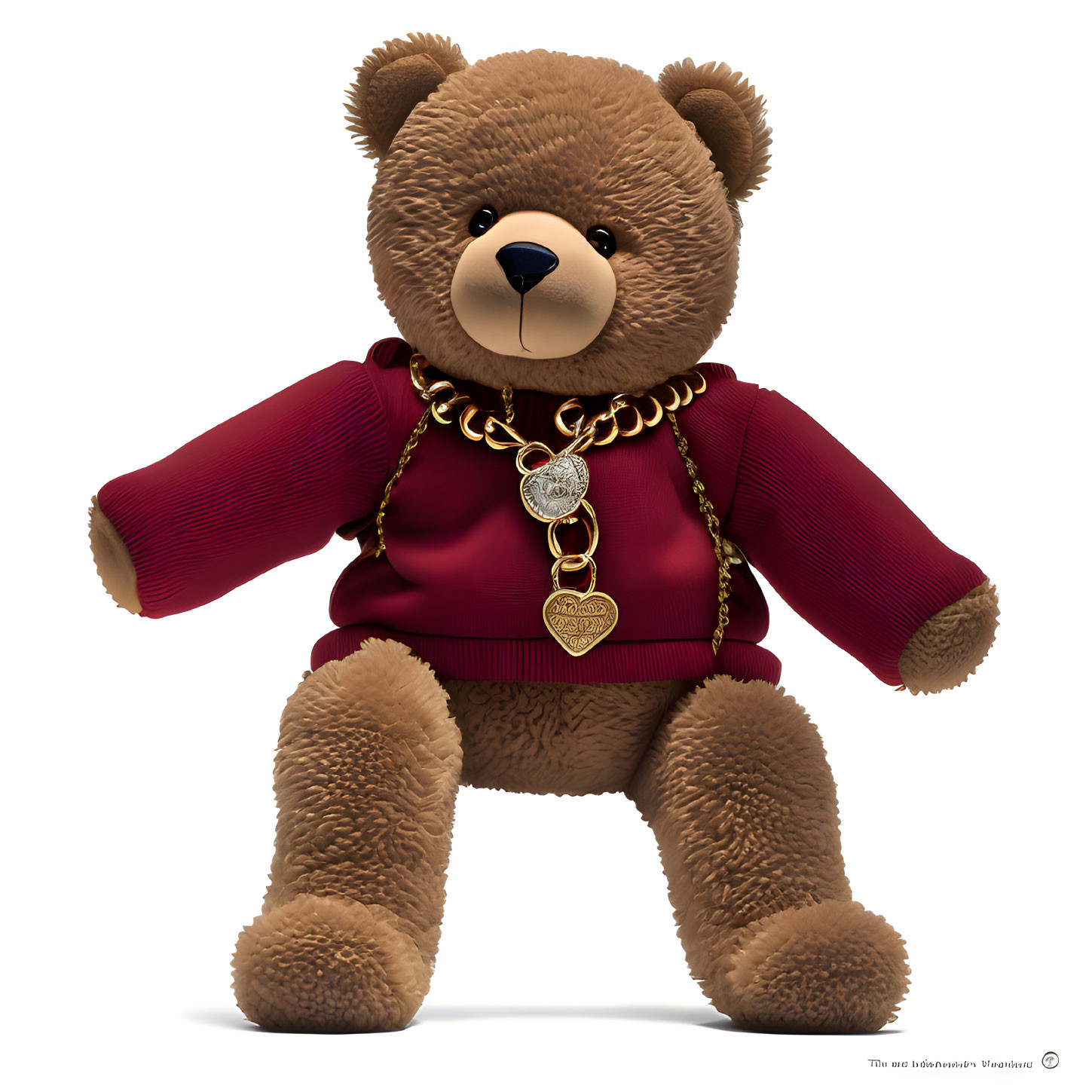 Plush teddy bear in red sweater with gold heart necklace