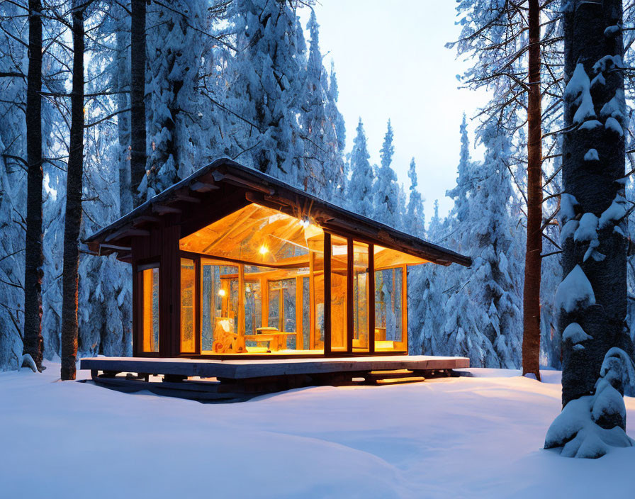 Snowy forest cabin glowing in twilight snowscape