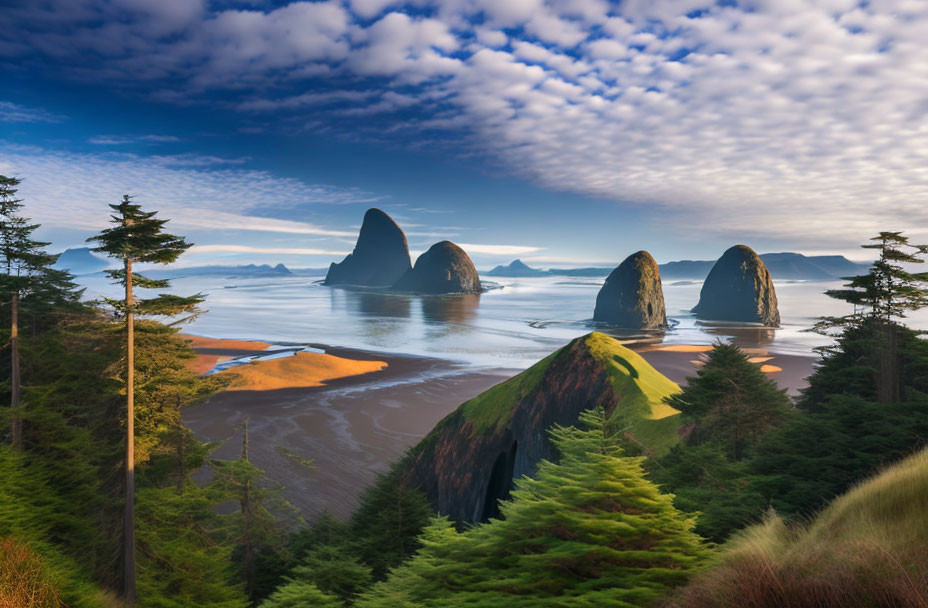 Coastal landscape with sea stacks, patterned beach, greenery, dramatic sky.