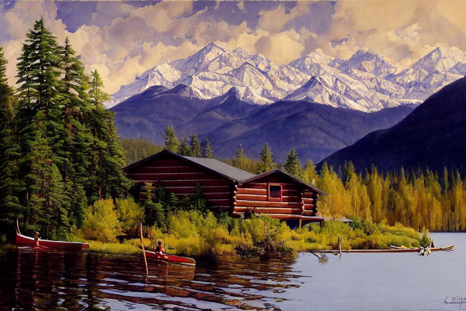 Tranquil landscape painting: lake, canoes, log cabin, evergreens, snow-capped