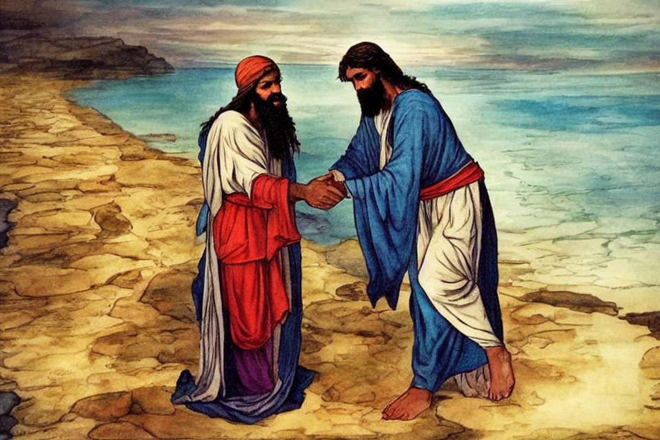 Historical illustration: Two bearded men in robes shaking hands by the seashore