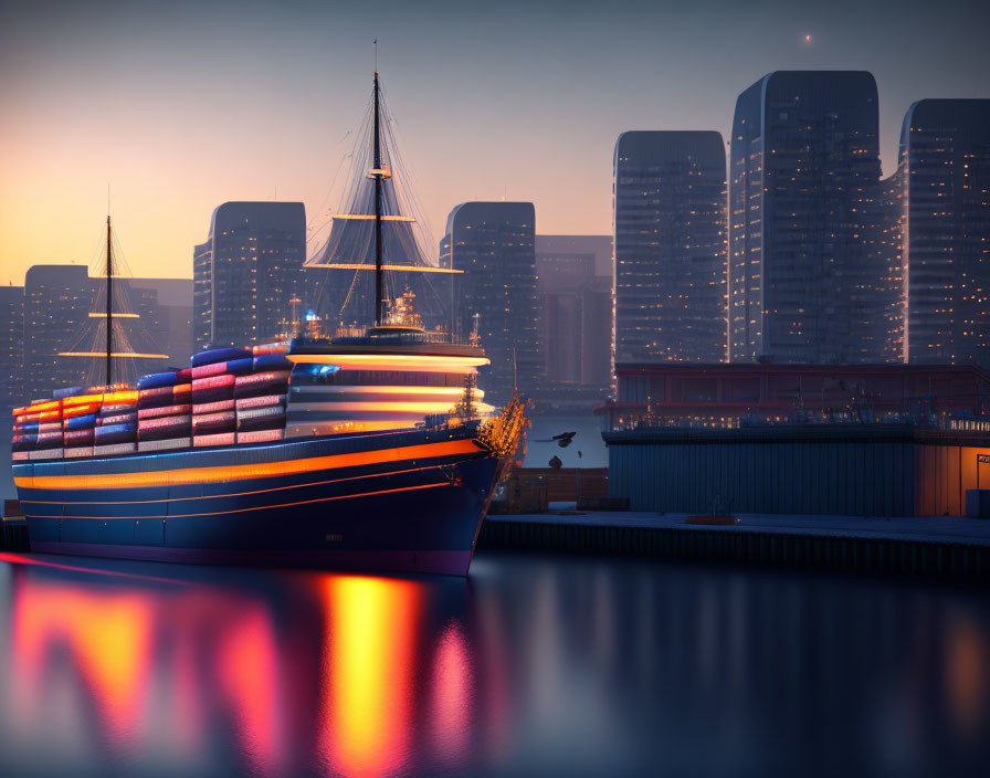 Luxury yacht at dusk in tranquil harbor with city skyline reflections