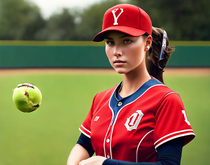 Female softball player in red and blue uniform throwing yellow softball