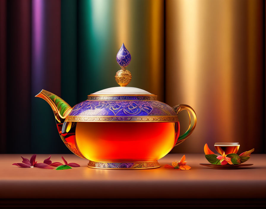 Ornate Teapot with Warm Infusion on Table with Colorful Drapes and Autumn Leaves