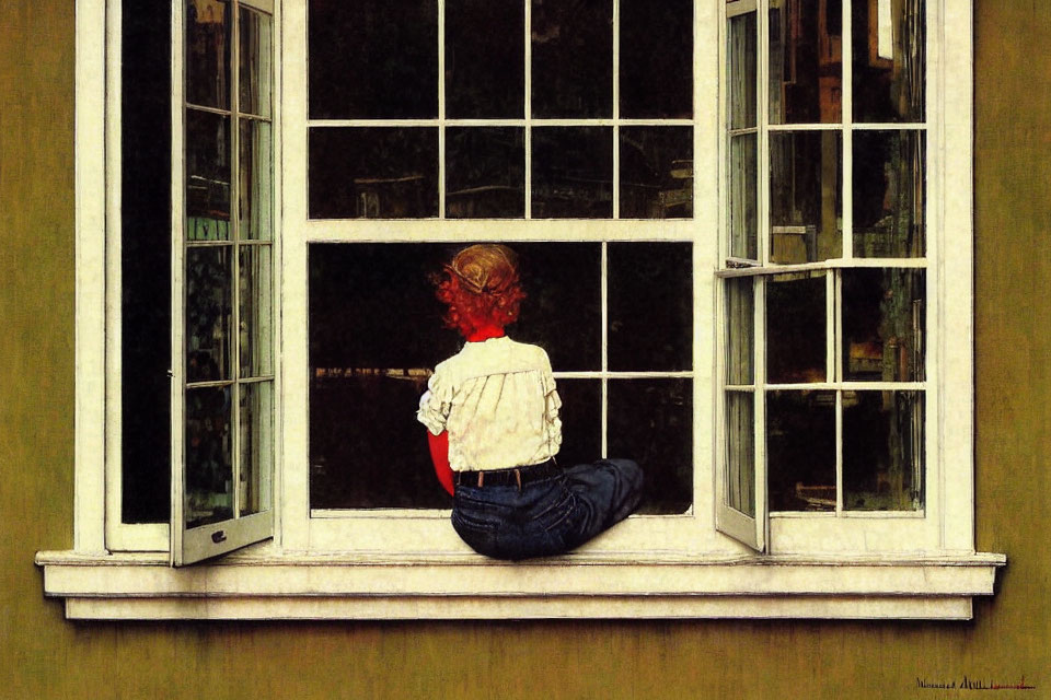 Child sitting on window sill looking outside against yellow wall