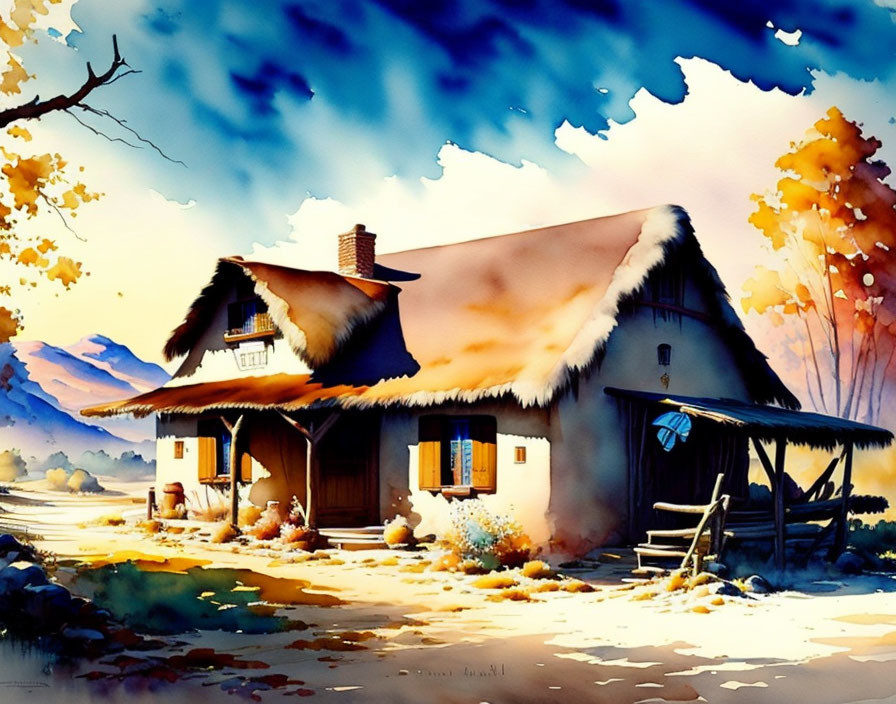 Scenic watercolor painting of snow-covered cottage and autumn trees