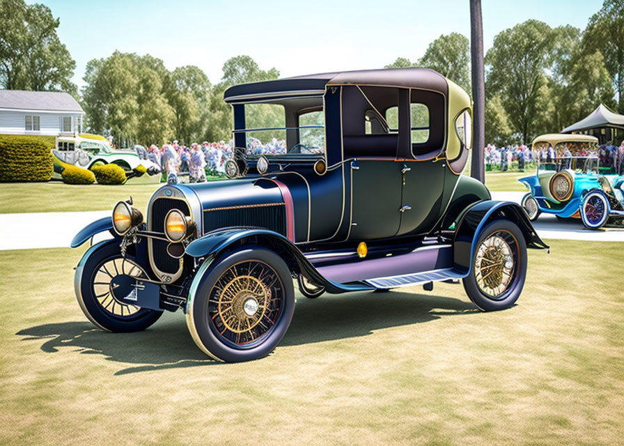 Glossy navy blue and black vintage car with gold trim showcased at outdoor event