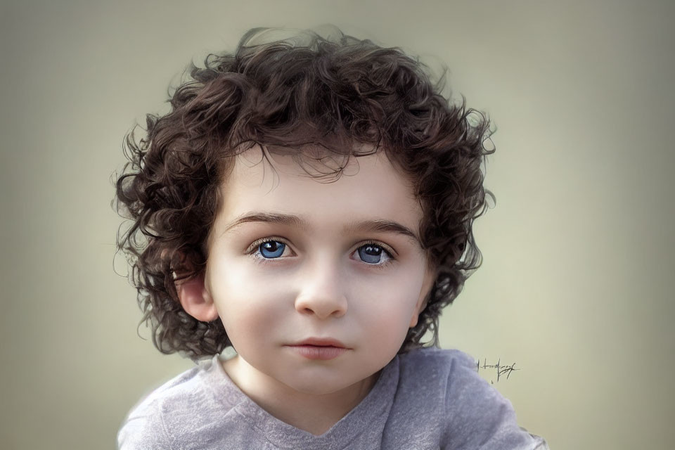 Child with Curly Hair and Blue Eyes in Grey Shirt Close-Up