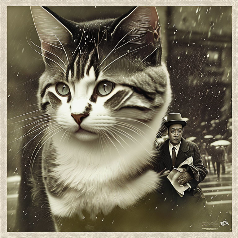 Sepia-Toned Close-Up of Cat with Man in Fedora Walking in Snow
