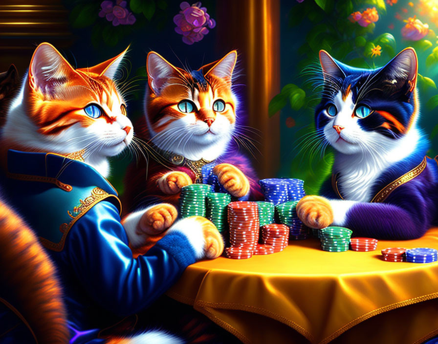 Anthropomorphic Cats in Fancy Attire with Poker Chips