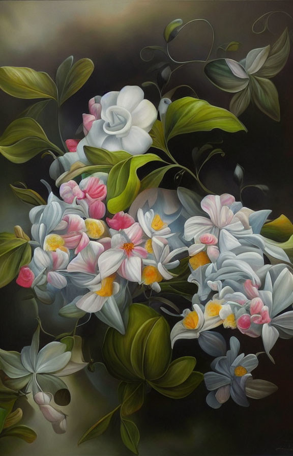 Colorful floral painting with white, pink, and blue flowers on dark backdrop