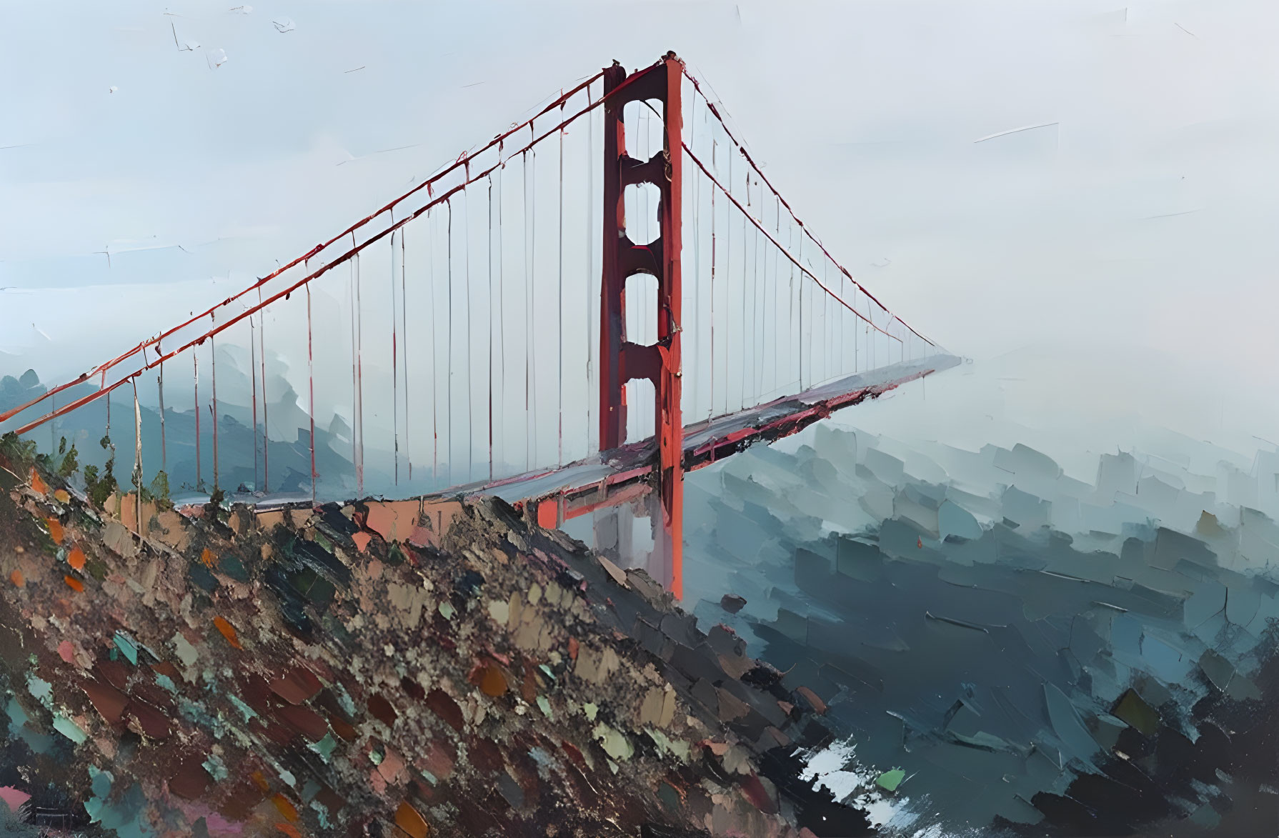 Golden Gate Bridge digital painting with foggy backdrop and red tones