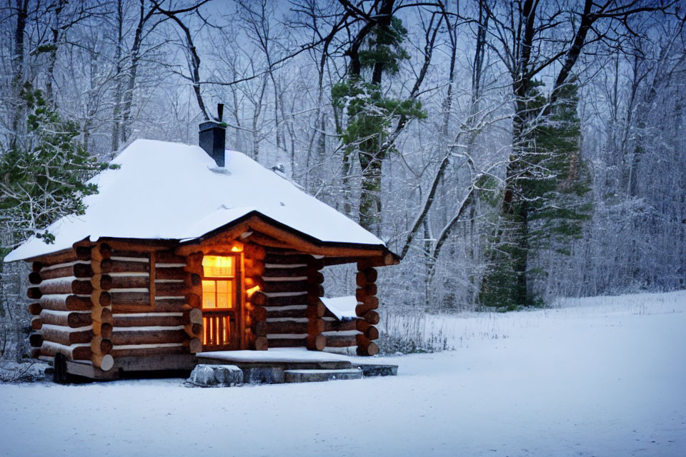 Snowy forest landscape: Cozy log cabin with glowing windows