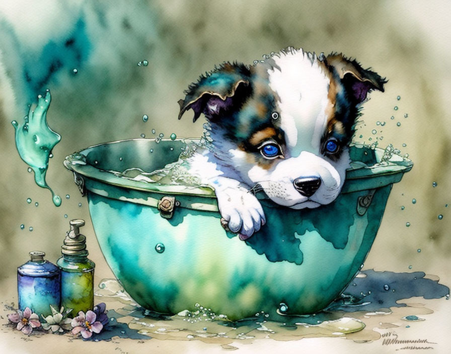 Watercolor illustration of cute puppy in green tub with bubbles and splashing water