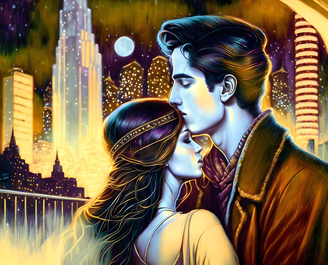 Tender embrace of couple against night cityscape