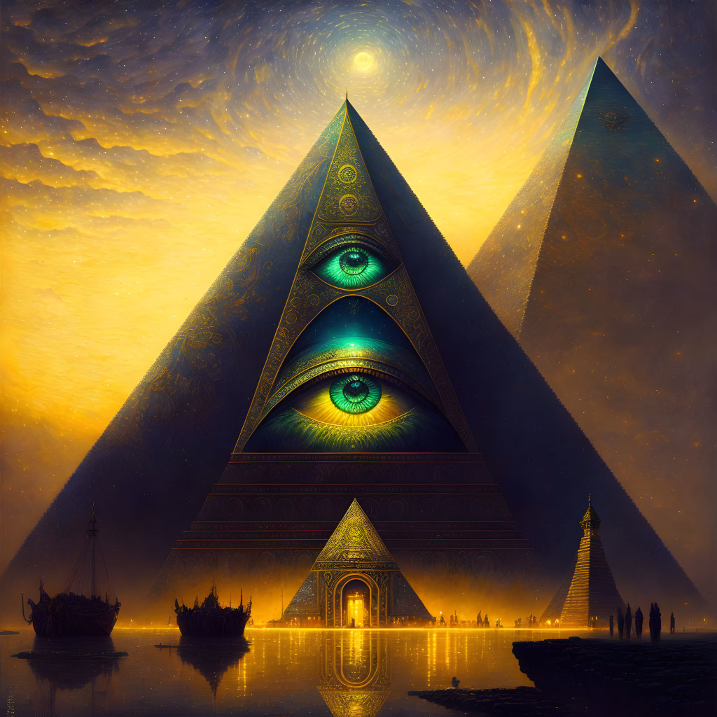 Ethereal scene: Eye-adorned pyramids under starry sky