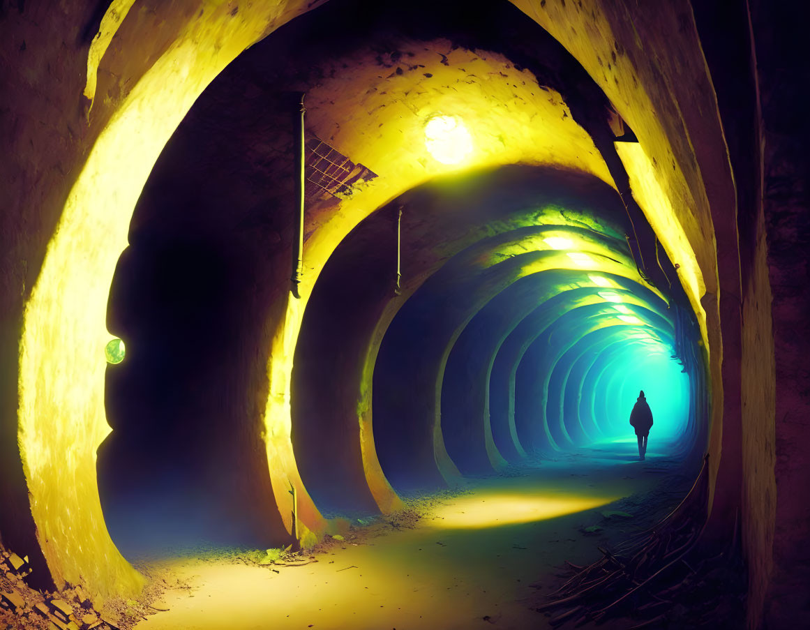 Curved illuminated tunnel with vibrant yellow and blue lights