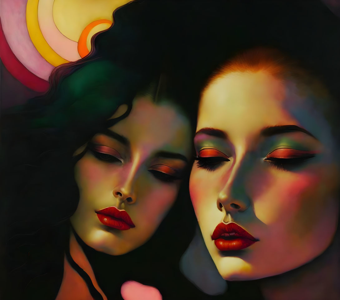 Stylized women's faces in profile with colorful makeup and vibrant hues