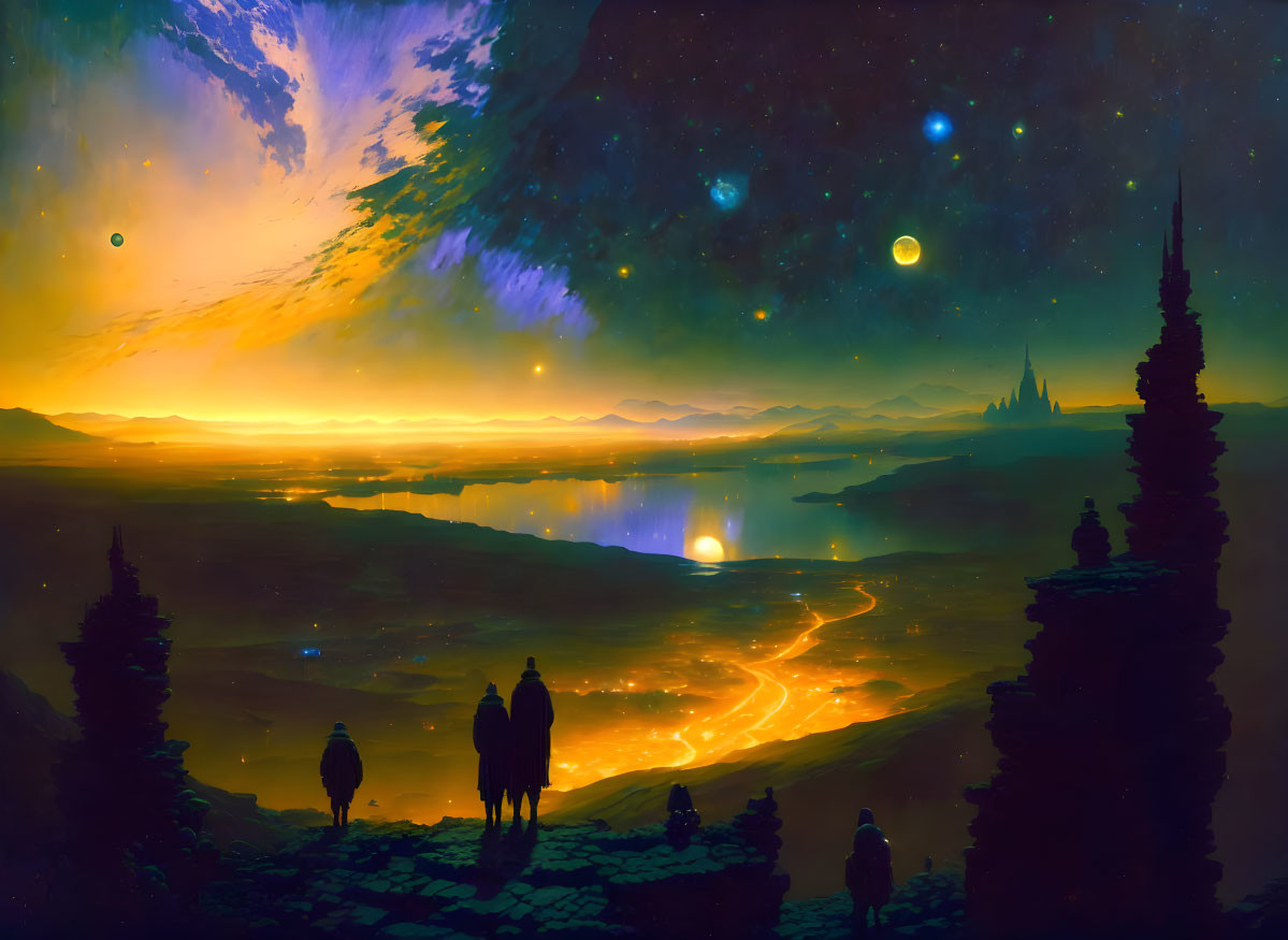 Fantastical landscape with silhouetted figures, castle, and glowing river