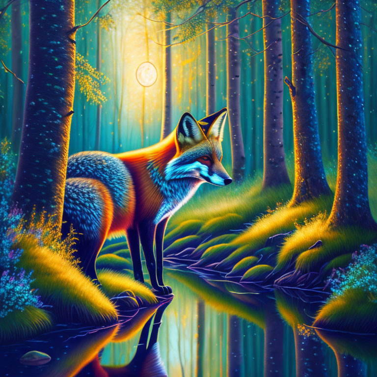 Colorful Fox in Luminous Forest with Reflective Water