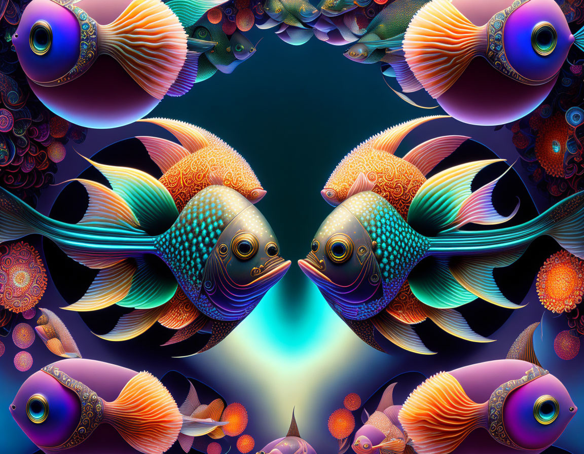 Symmetrical, colorful fish art with intricate patterns and vivid eyes on blue background