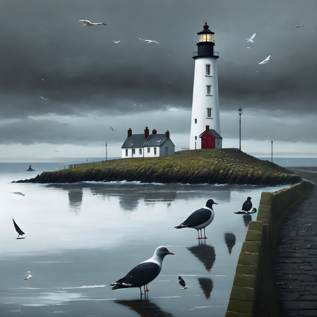 Tranquil lighthouse landscape with seagulls on cloudy day