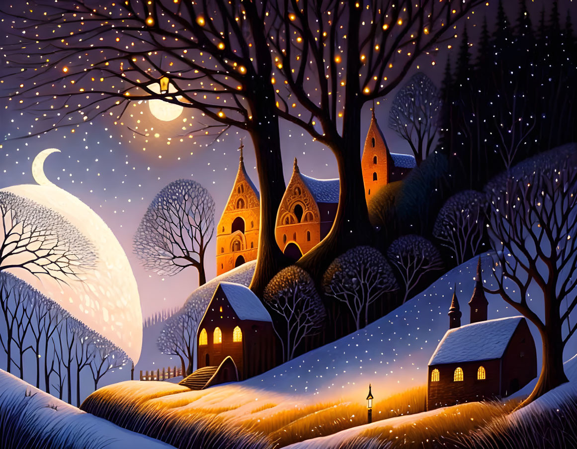 Snow-covered houses and bare trees under a full moon in a whimsical winter night scene