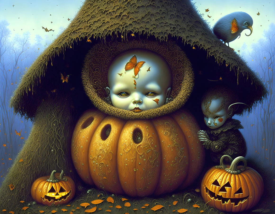 Whimsical pumpkin fairy-tale scene with moon-faced character and autumn leaves