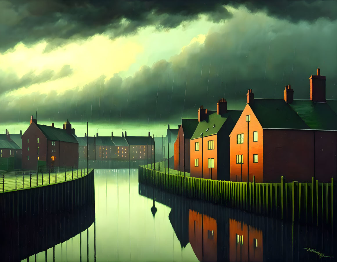 Tranquil evening: illuminated houses by calm river under stormy sky